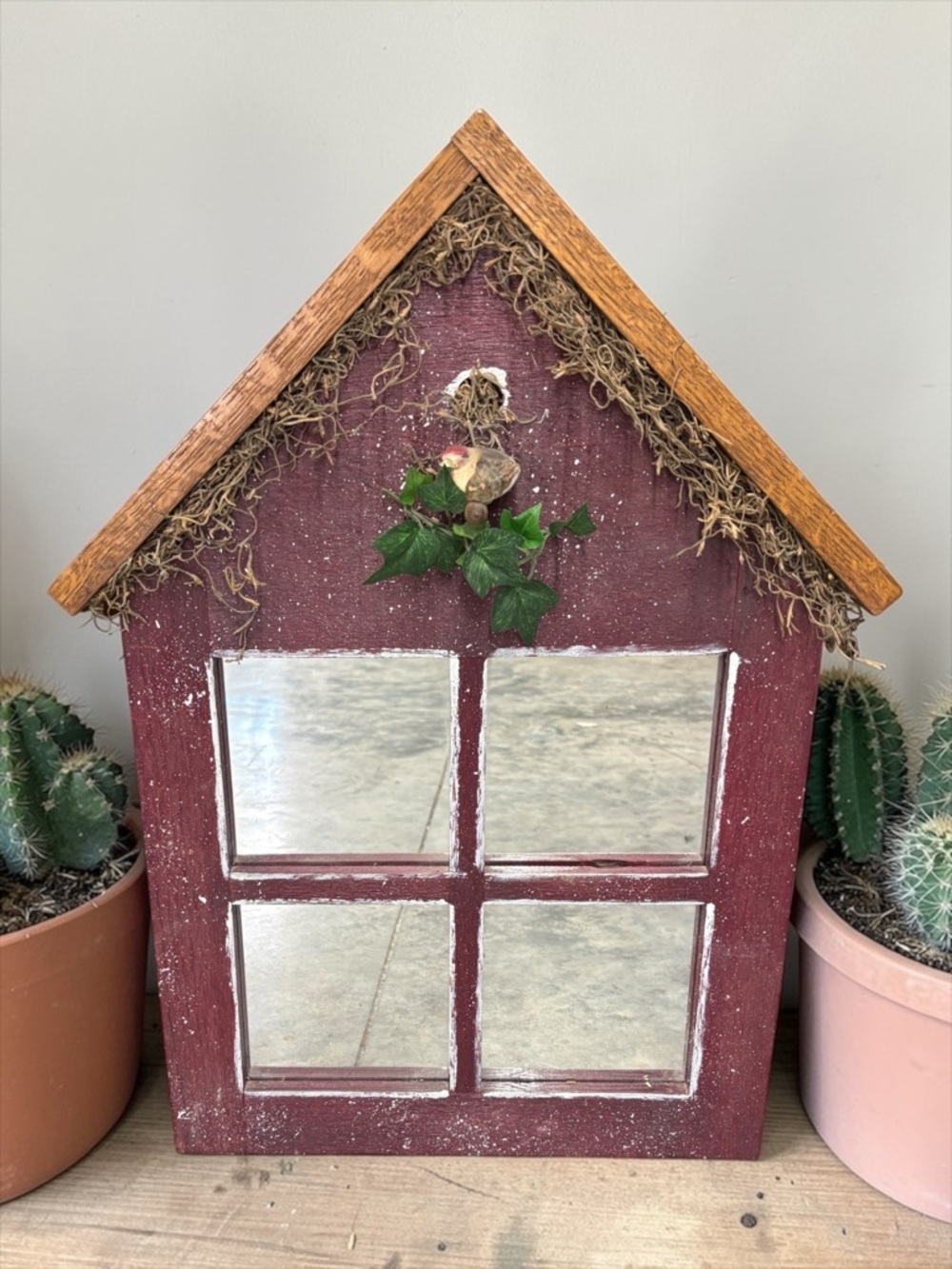 Vintage Handmade Birdhouse Wall Mirror • French Country Farmhouse Rustic Decor